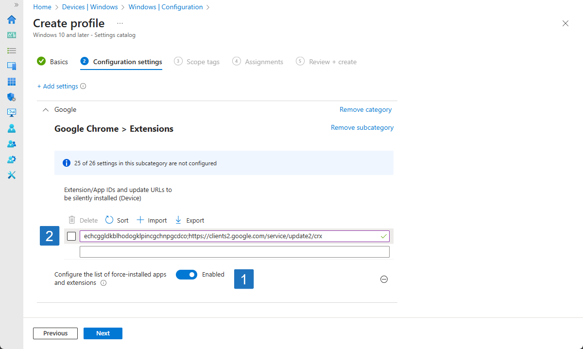 Intune Settings catalog: Configure the list of force-installed apps and extensions for Chrome with Microsoft Defender Browser Protection